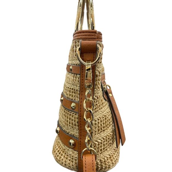 Jessica Simpson Tan Straw Brown Leather Summer Top Handle Crossbody Bag Purse - Picture 9 of 16